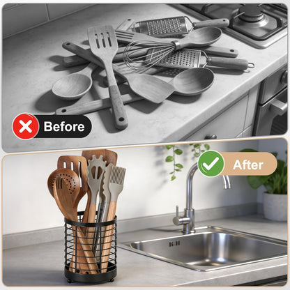 Utensil Holder for Kitchen Counter, Stainless Steel Utensil Crock for Cooking Tools, Spatula, Silverware Forks, Knives, Spoons Countertop Organizer