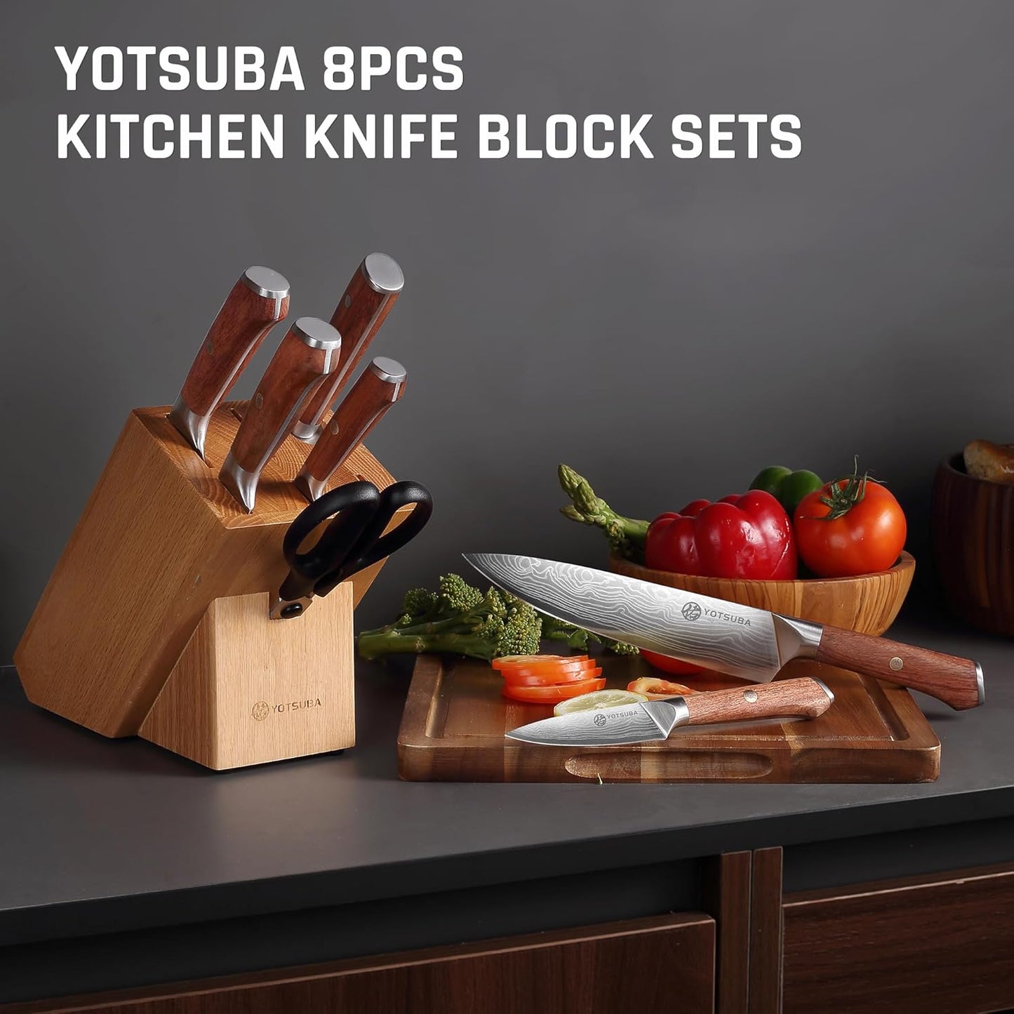 YOTSUBA Carving Knife and Fork Set, Meat Cutting Knife, Razor-Sharp German Stainless Steel Knives Fork Set with Ergonomic Wood Handle, Slicing Knives for Meats, BBQ & Vegetables