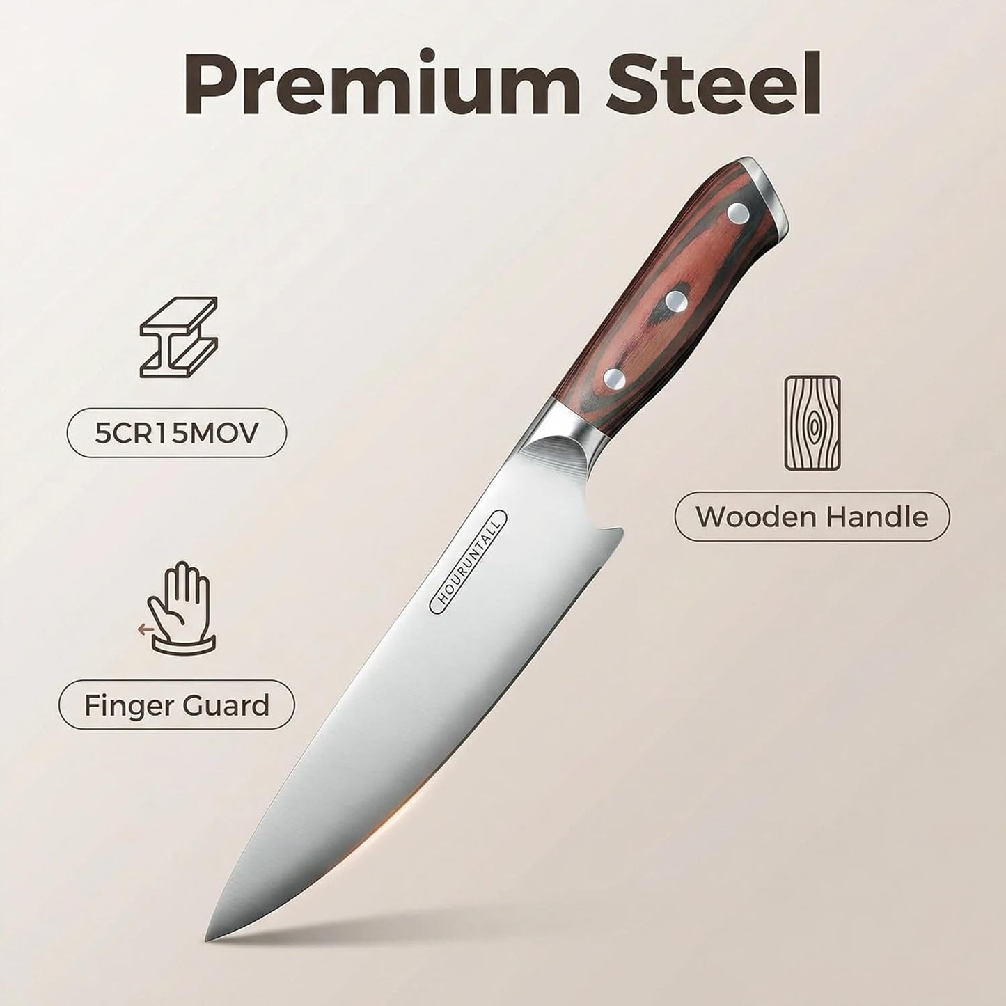 8 Inch Chef Knife, Safety Notch for Finger Protection to Prevent Blade Injuries, Forged 5CR15MOV Stainless Steel 2.5mm Thick Blade, Well-Balanced Ergonomic Handle for Pro Chefs & Cooking Enthusiasts
