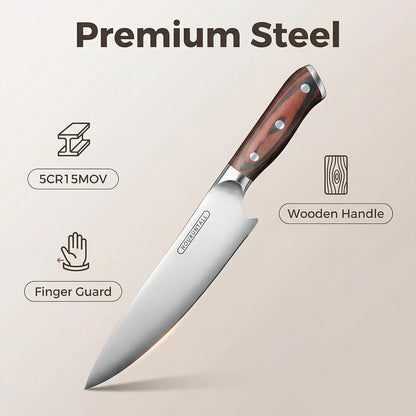 8 Inch Chef Knife, Safety Notch for Finger Protection to Prevent Blade Injuries, Forged 5CR15MOV Stainless Steel 2.5mm Thick Blade, Well-Balanced Ergonomic Handle for Pro Chefs & Cooking Enthusiasts