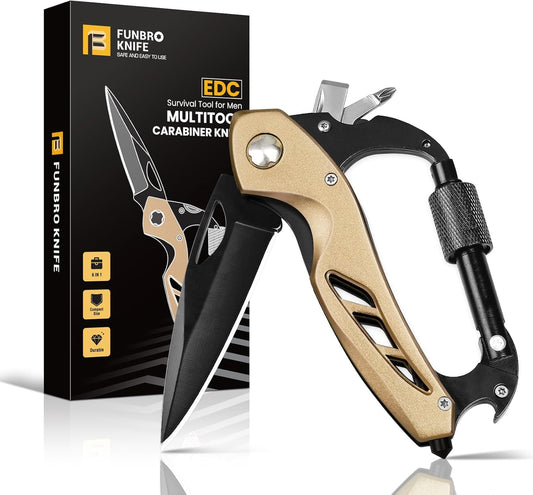 Multitool Carabiner with Pocket Knife, Stocking Stuffers Gifts for Men, EDC Carabiners with Folding Knives, Bottle Opener, Window Breaker and Screwdriver, Survival Gear for Camping Hiking