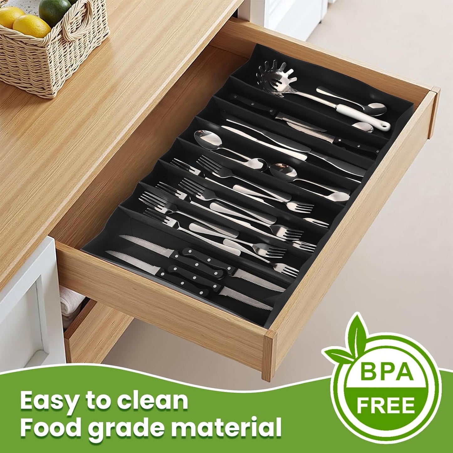 DEPOZA Silicone Silverware Drawer Organizer, Expandable Utensil Tray (3.9-22.4" W, 14.9" D, 1.9" H), 8-Compartment Cutlery Holder with Knife Section, BPA-Free, Non-Slip, Black