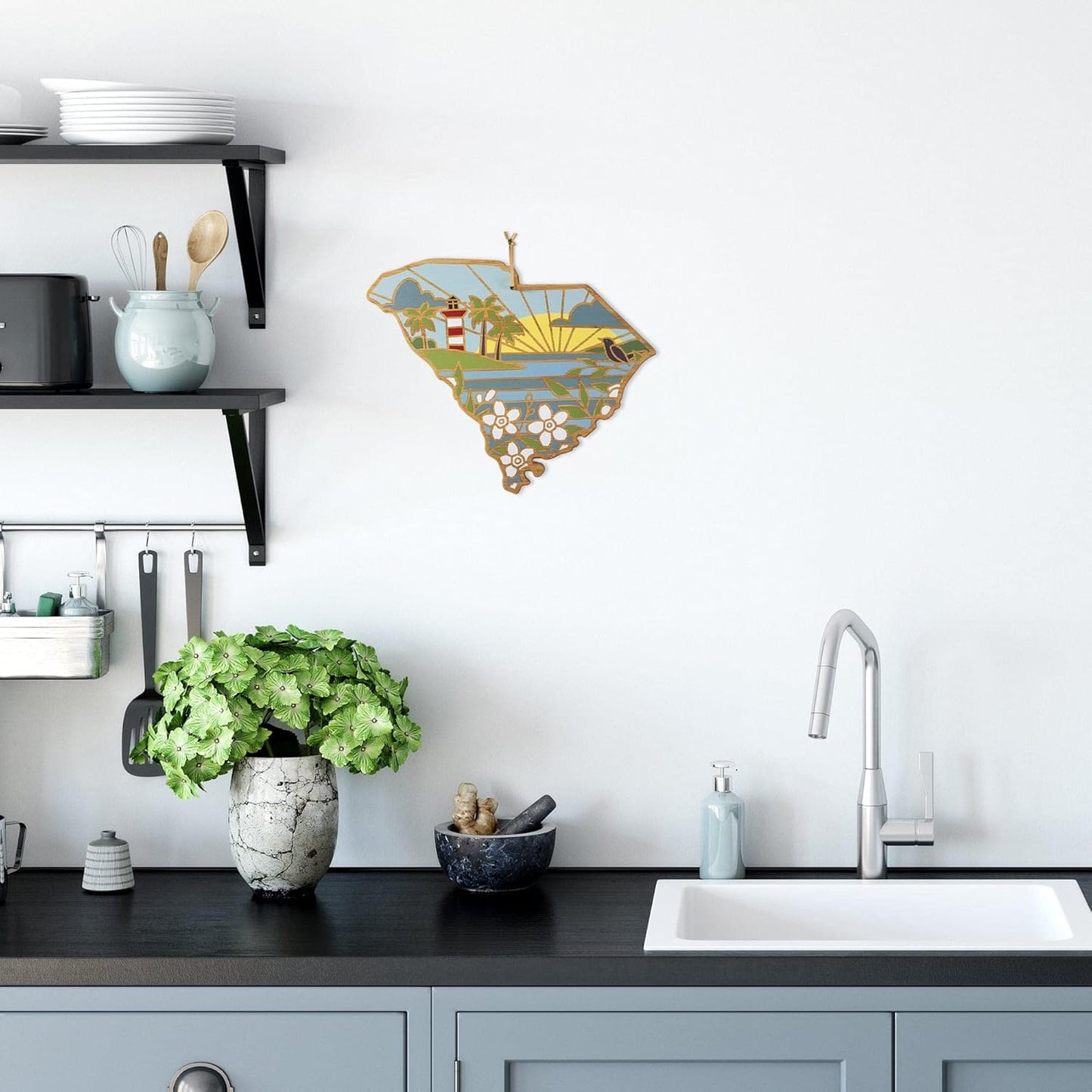 Totally Bamboo North Carolina State Shaped Cutting Board and Charcuterie Serving Platter with Artwork by Summer Stokes, Includes Hang Tie for Wall Display 18" x 8" x 5/8" - Colors A