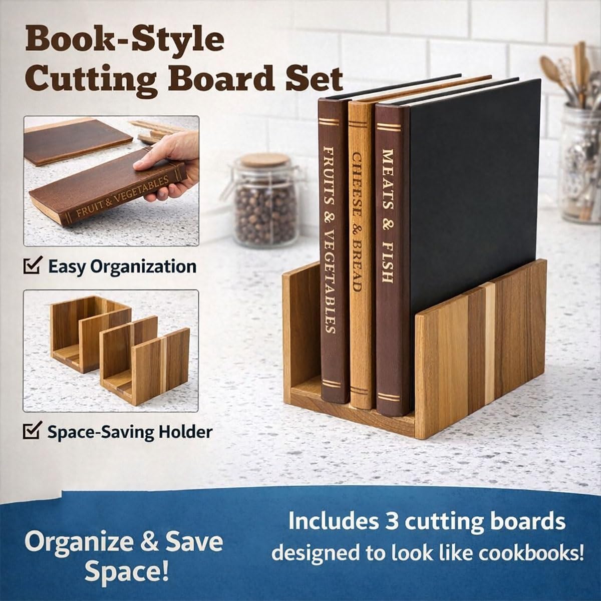 Library Cutting Board Set, Wood Book Cutting Boards with Stand, Decorative Cutting Boards for Kitchen Display, Acacia Wooden Chopping Board Set of 3