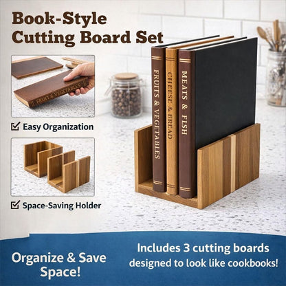 Library Cutting Board Set, Wood Book Cutting Boards with Stand, Decorative Cutting Boards for Kitchen Display, Acacia Wooden Chopping Board Set of 3
