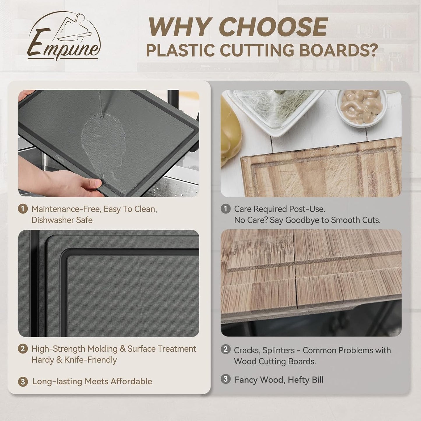 Empune 3-Piece Plastic Cutting Boards for Kitchen - Thick & Non-Slip Chopping Board Set with Juice Grooves, Dishwasher Safe, BPA Free, Includes Large & Small Sizes, Gray