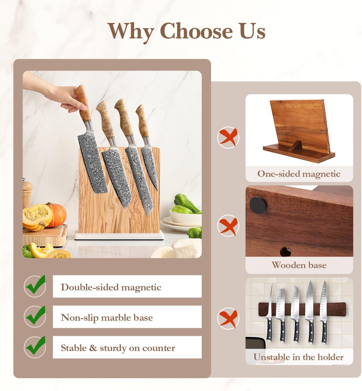 Strong Double Sided Magnetic Knife Block Without Knives, with Acacia Wood+430 Stainless Steel Base，Magnetic Universal Stands with Strong Enhanced Magnets Strip Kitchen Storage Cutlery Large Organizer