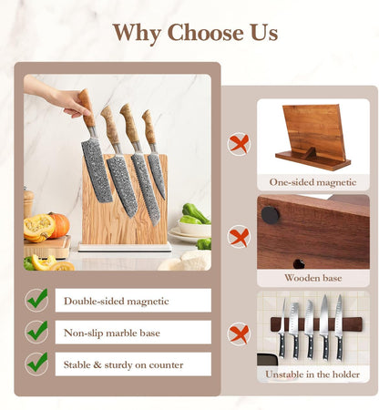 Strong Double Sided Magnetic Knife Block Without Knives, with Acacia Wood+430 Stainless Steel Base，Magnetic Universal Stands with Strong Enhanced Magnets Strip Kitchen Storage Cutlery Large Organizer
