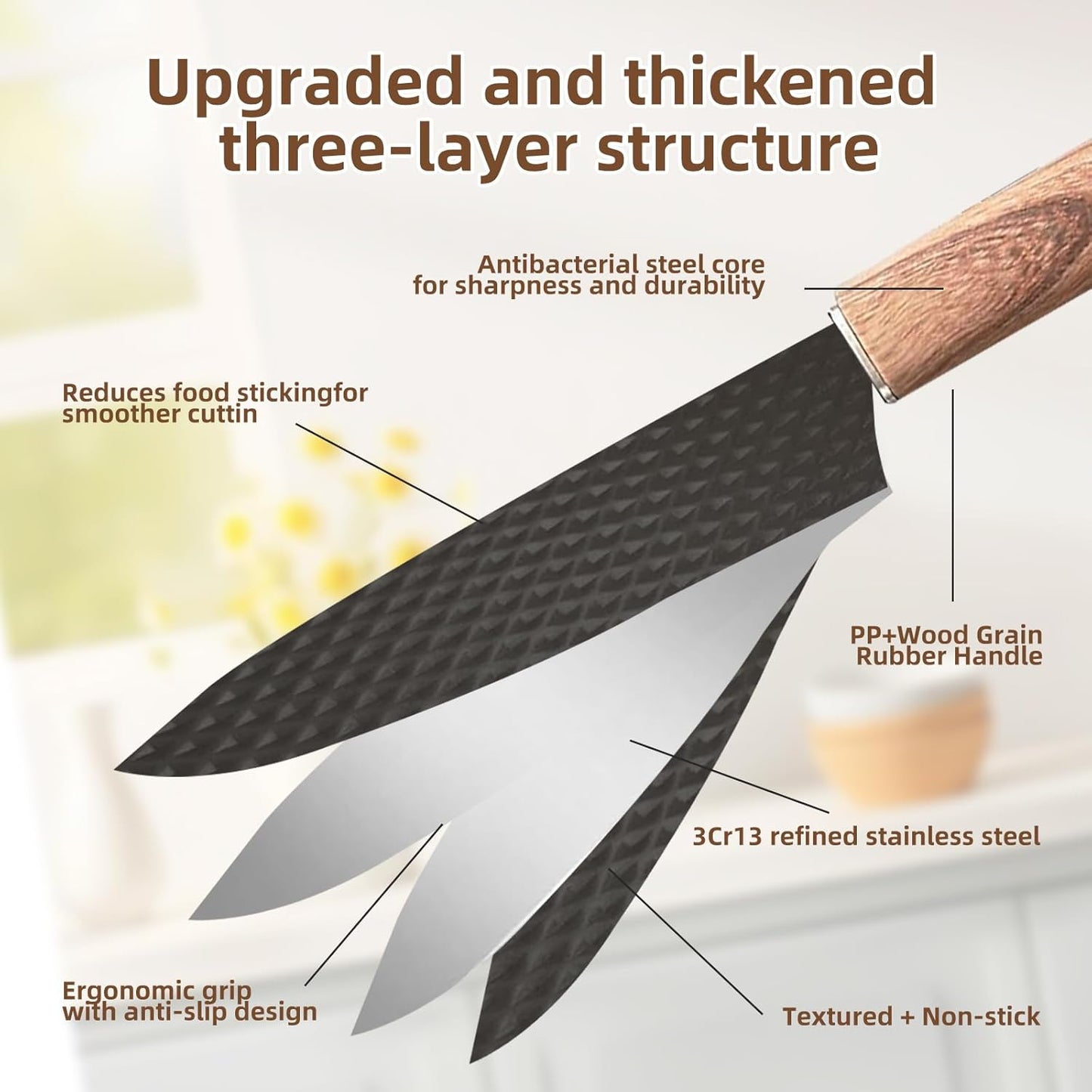 Kitchen Knife Set with Block, 7-Piece Kitchen Knife Set for Chef with Universal Knife Block, Anti-Rust Kitchen Knife Block Set, Ergonomic Design