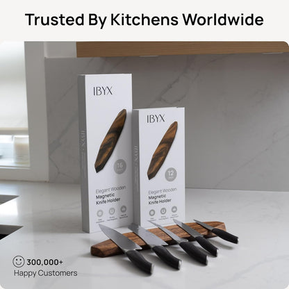 Ibyx Acacia Magnetic Knife Strip - Wooden Wall-Mount Magnetic Knife Holder & Organizer with 3M No-Drill & Screw Mount Options, Water-Resistant Universal Knife Holder | 12 Inches, Capacity 6.6 lb