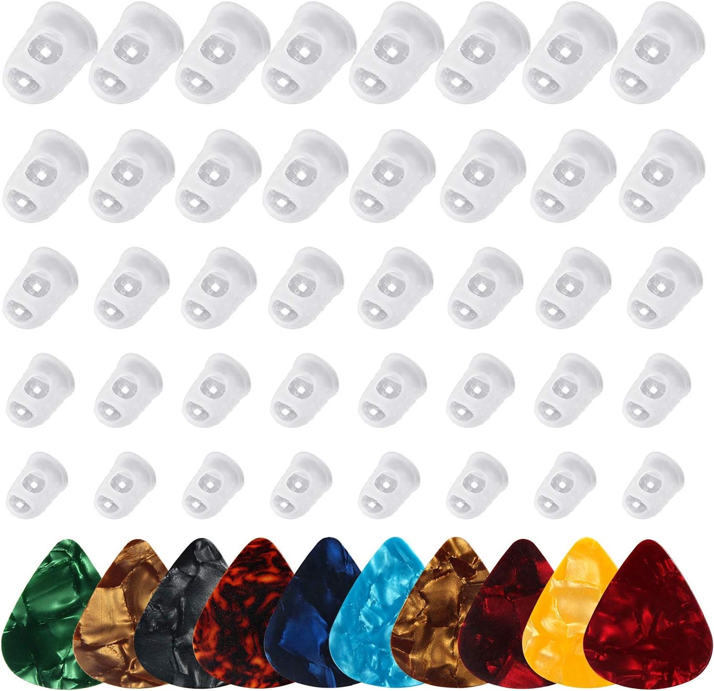 40 Pcs Silicone Guitar Finger Guards Guitar Fingertip Protection Covers Caps with 10pcs Guitar Picks for Stringed Instruments(5 Sizes)