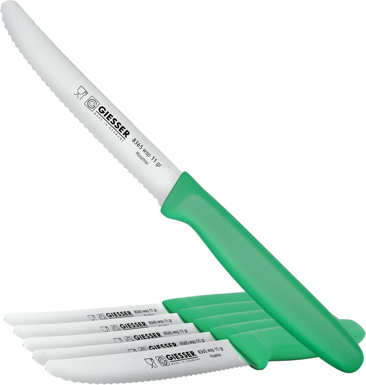 Giesser since 1776, Made in Germany, Serrated kitchen knives round tip dishwasher safe 4.5 inch - Tomato knife, Steak knive set of 6 (MIX Color)