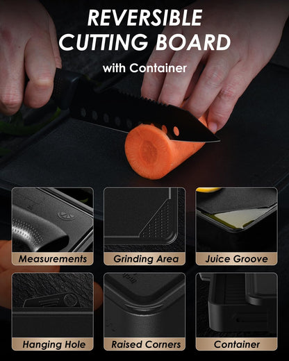 Mitsuharu 5 in 1 Camping Cutting Board Set with Santoku Knife,Separable Shears,Peeler & Slicing Knife and Sharpening Slots,Portable Camper Accessories Kitchen Set, Black