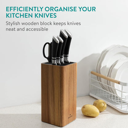 Navaris Universal Knife Block Holder - Rubber Wood Stand with Bristles to Fit Different Sizes of Knives - Angled Design, 9.8" x 5.9" x 4.1’" - Black