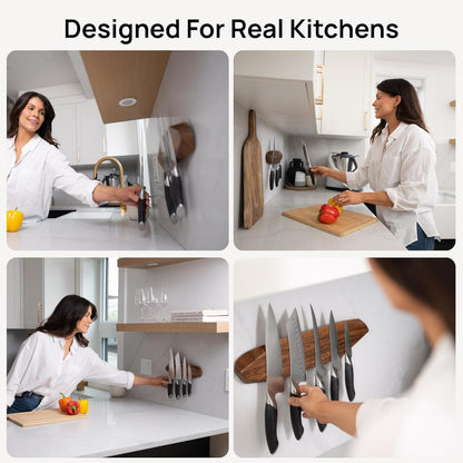 Ibyx Acacia Magnetic Knife Strip - Wooden Wall-Mount Magnetic Knife Holder & Organizer with 3M No-Drill & Screw Mount Options, Water-Resistant Universal Knife Holder | 12 Inches, Capacity 6.6 lb