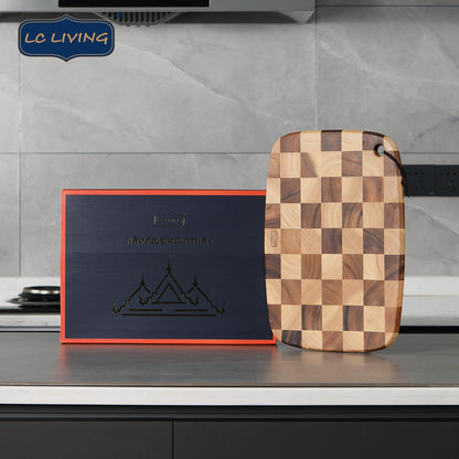 Thai End Grain Acacia Wood End Grain Oval Hanging Cutting Board, best for chopping board, prep station, kitchen deco, cheese, meat, bread, veggies & fruits, 15.7"x11"