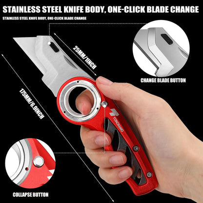 Tondiamo 4 Pcs Folding Pocket Utility Knife Heavy Duty Box Cutter Folding Razor Knife with Anti Slip Finger Loop Easy Change Blades 3 Lock Positions Design (Yellow,Red,Black,Green)