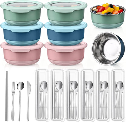 LemonRoad 36 Pack 7.5oz Stainless Steel Snack Containers Reusable Dressing Containers with Lids Lunch Box Chopsticks Knife Fork Spoon Flatware Set with Case for Meal Food Storage Picnic Travel