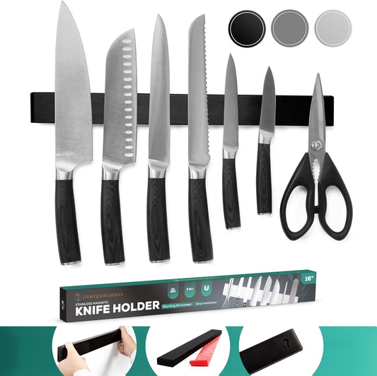 Magnetic Knife Holder 16 Inch Silver – Classic Stainless Steel Strip, Rack & Bar for Wall or Fridge, No Drill Adhesive Kitchen Organizer, Premium Gift by Pampavanna