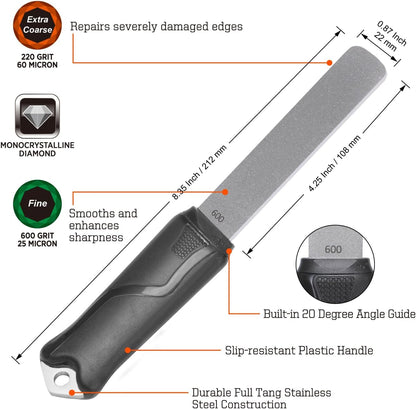 SHARPAL 120N Dual-Grit Diamond Sharpening Stone File with Angle Guide, 220/600 Grit Tool Sharpener for Lawn Mower Blades, Axes, Hatchets, Machetes, Hedge Shears, Knives, Fathers Day Gift