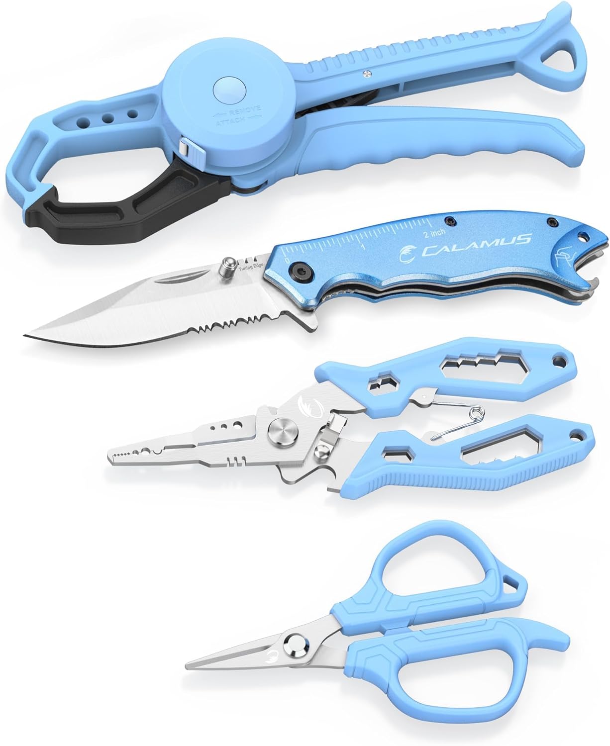 Calamus DriftWave Fishing Tool Kit – Corrosion Resistant Fishing Pliers, Lip Gripper, Fillet Knife, Scale, Retractor & Glove,Scissors & Pocket Knife,Fishing Gifts for Men