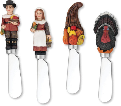 Supreme Housewares Harvest Cheese Spreaders, Hand-Painted Resin Handles with Stainless Steel Blades for Spreading Cream Cheese, Butter, and Jam, Assorted Thanksgiving Designs, Set of 4