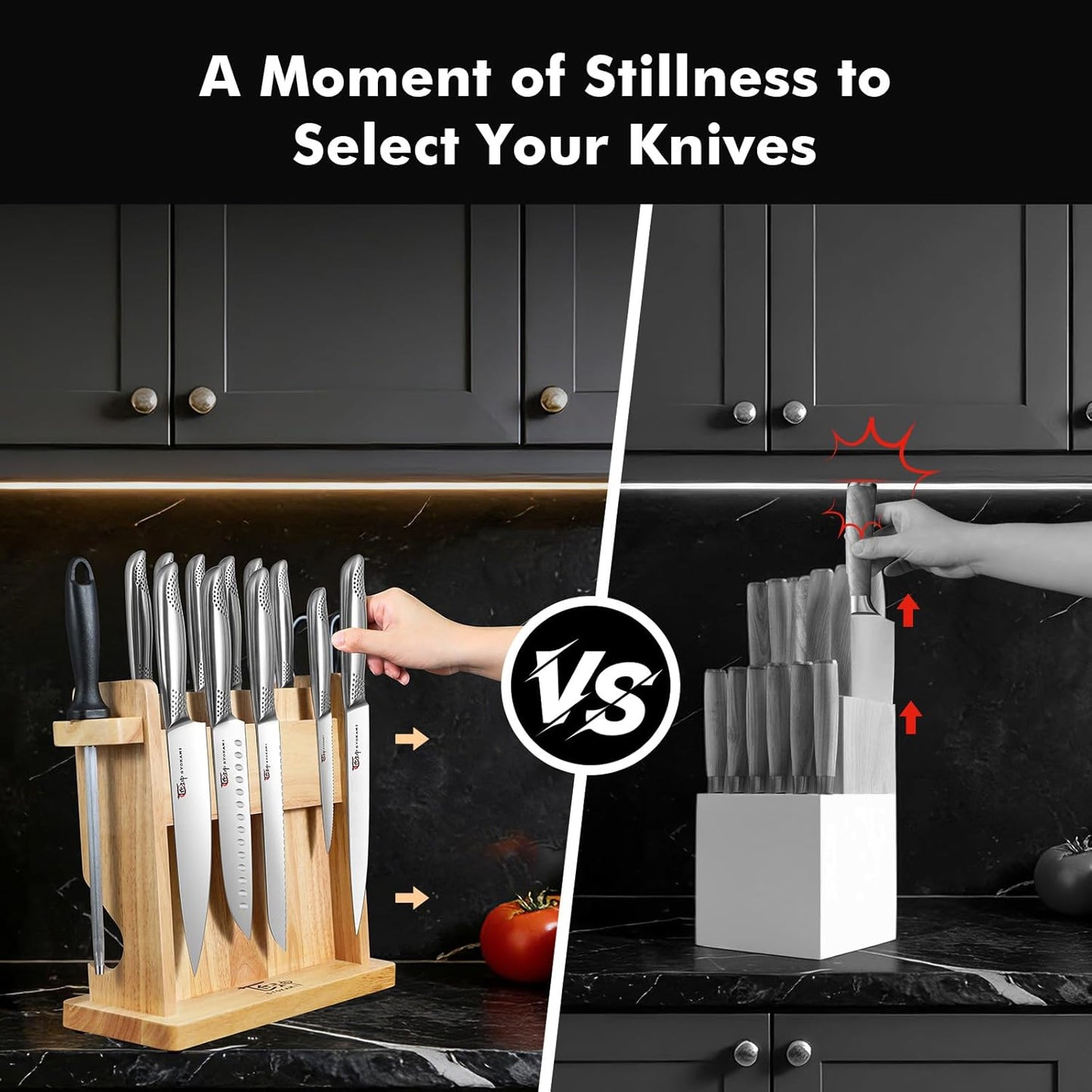 SYOKAMI Japanese Knives Set for Kitchen, Magnetic Knife Set with Block and Sharpener, Stainless Steel Knife Set as Gift for Couple, Wedding, Women or Mom with Gift Box, 14 PCS Black Dot