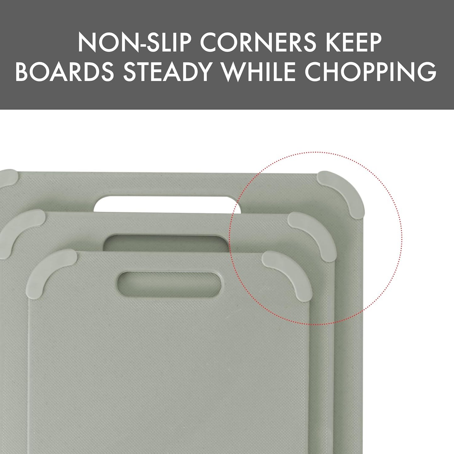 Dexas Fresh Prep 3-Pack Non-Slip Cutting Board Set – Dishwasher Safe Plastic Boards with Silicone Grip Corners & Handle, Sage (14.17" x 10.63", 12.6" x 9.06", 11.02" x 7.48")