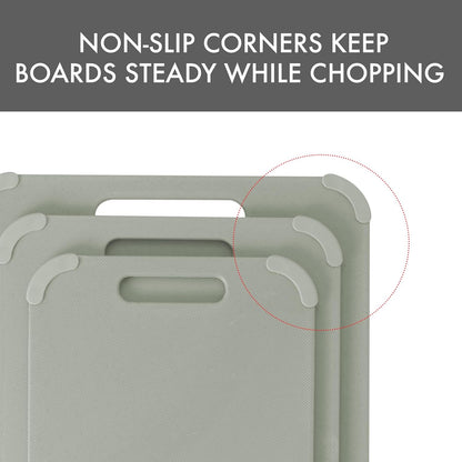 Dexas Fresh Prep 3-Pack Non-Slip Cutting Board Set – Dishwasher Safe Plastic Boards with Silicone Grip Corners & Handle, Sage (14.17" x 10.63", 12.6" x 9.06", 11.02" x 7.48")
