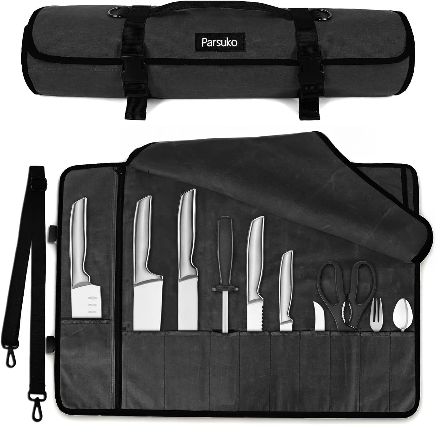Chef Knife Roll Bag,Waterproof Waxed Canvas Knife Case Holds,Knives Roll Bags for Chefs Professional with Adjustable Strap,Chef Backpack (Black)