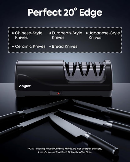 Electric Knife Sharpener for Kitchen, 3-Stage Knife Sharpener Electric with 100% Diamond Abrasives, 20° Precision Angle Guide, Fast & Safe Sharpening for Chef Knives, Home Use & Beginners (Black)