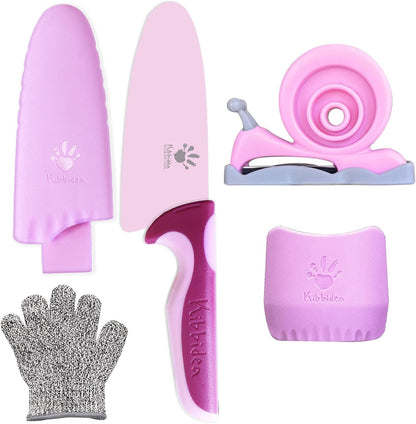 Kibbidea Kids Knife Set for Real Cooking, 4-Piece Stainless Steel Kids Chef's Knives with Peeler, Finger Guard, Protective Glove for Cutting Peeling, Kitchen Knives for Teenager 8-12 (Purple)