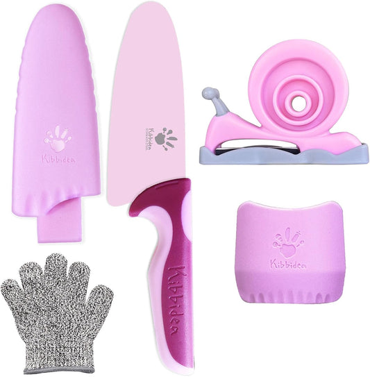 Kibbidea Kids Knife Set for Real Cooking, 4-Piece Stainless Steel Kids Chef's Knives with Peeler, Finger Guard, Protective Glove for Cutting Peeling, Kitchen Knives for Teenager 8-12 (Purple)