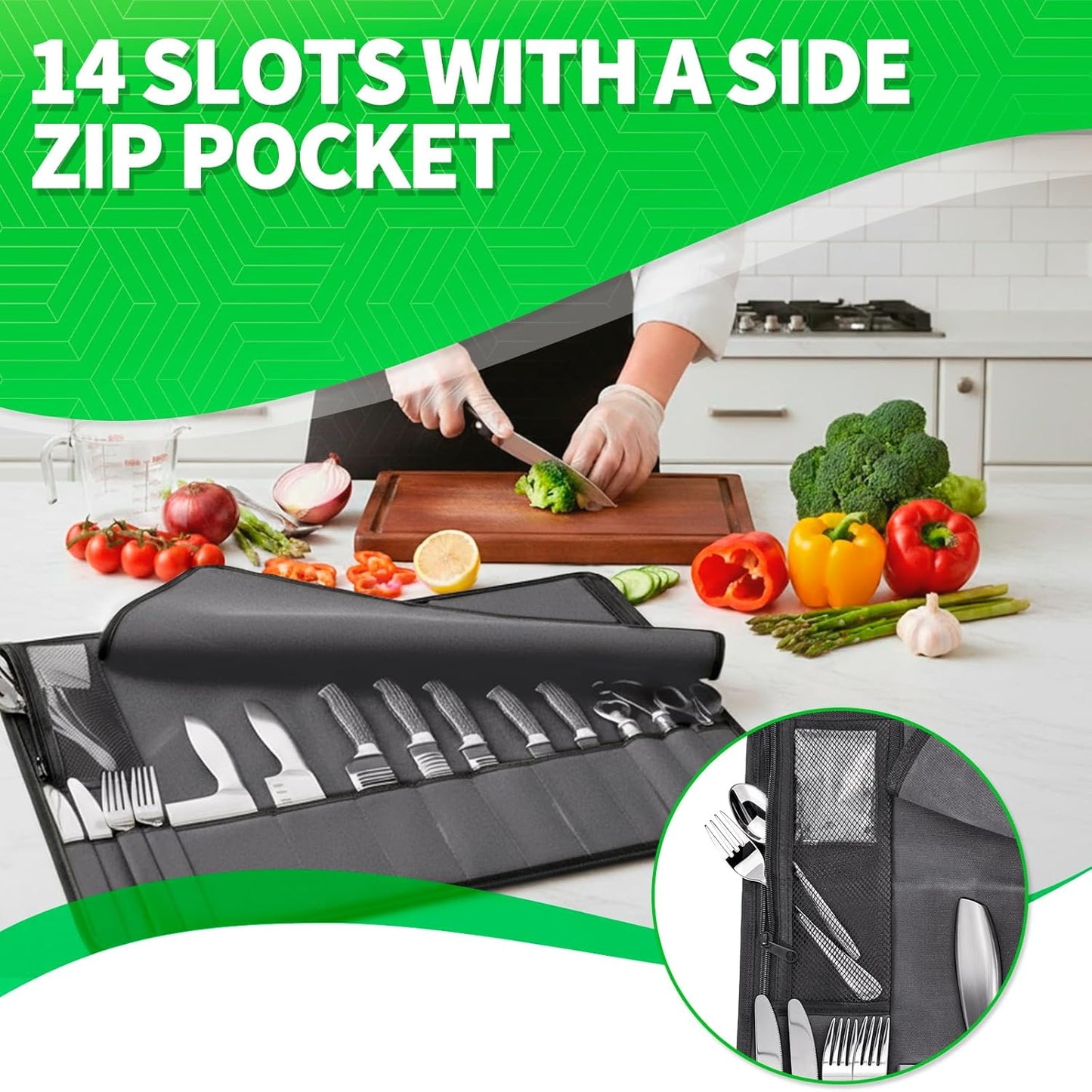 Chef Knife Roll Bag,Knife Roll Bag,Knife Bags for Chefs Professional,Knives Bag,Portable Chef Knife Cases with 14 Slots and Adjustable Shoulder Strap (Bag Only),Black
