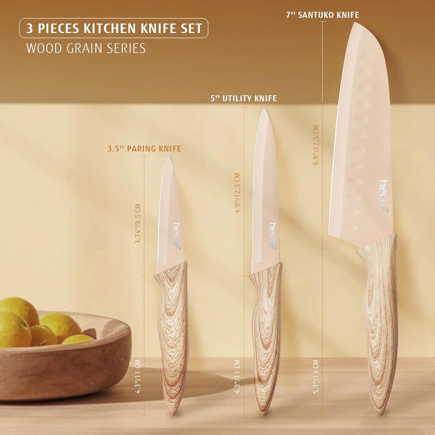 hecef Knife Set of 3, Stainless Steel Blade with Non-stick Coating, Sharp Kitchen Knives Includes Santoku, Utility, Paring Knives