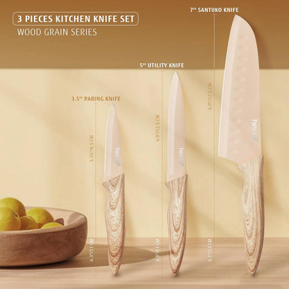 hecef Knife Set of 3, Stainless Steel Blade with Non-stick Coating, Sharp Kitchen Knives Includes Santoku, Utility, Paring Knives