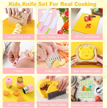 Suhctuptx Toddler Knife Set, Kids Knife Set for Real Cooking, Kid Safe Knives with Cutting Board Crinkle Cutters Montessori Kitchen Toys, Toddler Girl Gifts Age 3 4 5 6 7 8 Year Old