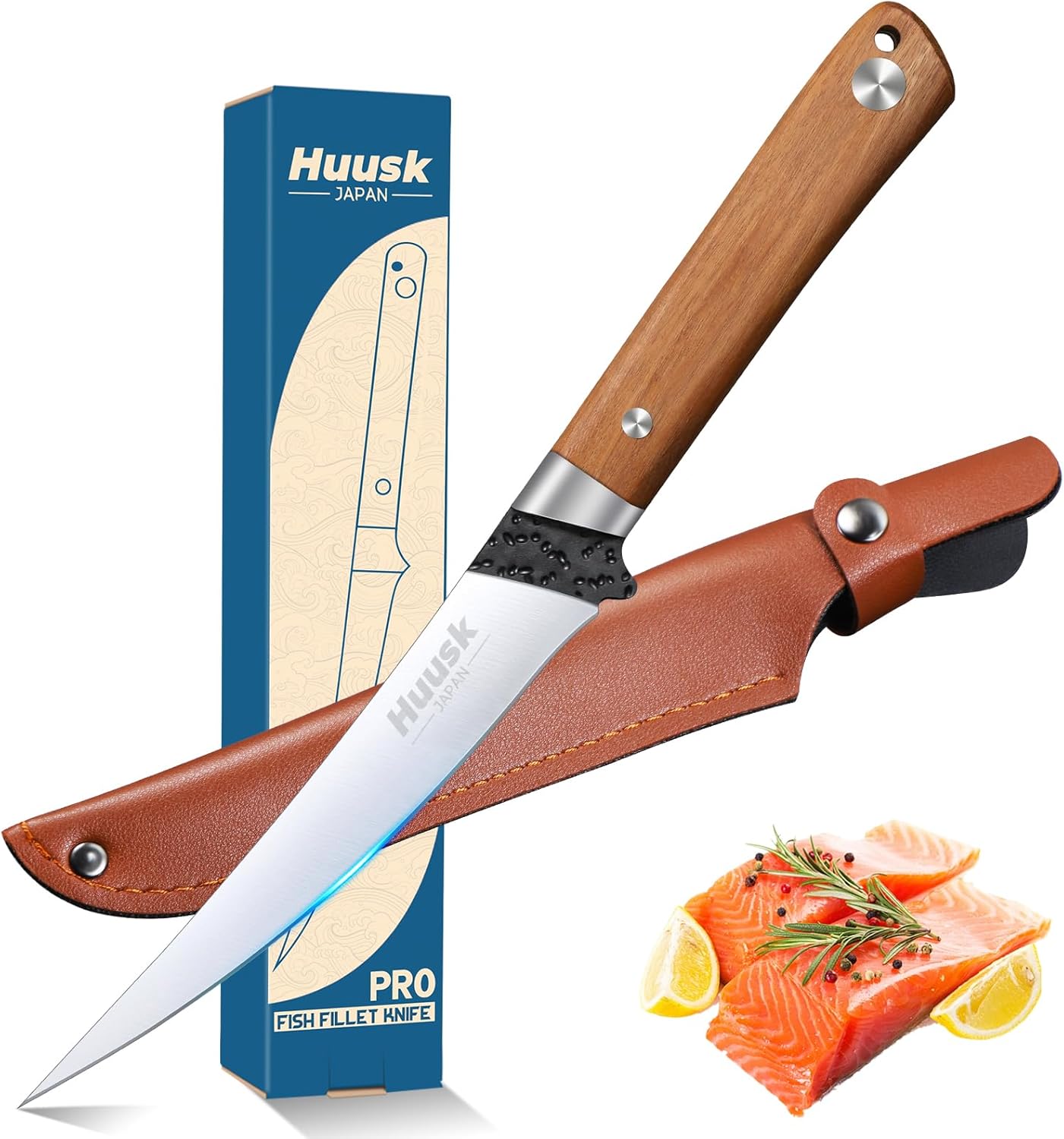 Huusk 9 inch Fillet Knife - Sharp Japanese Fillet Knife for Fish - Professional Flexible Boning Knives for Meat Cutting Trimming - Gift for Men and Women