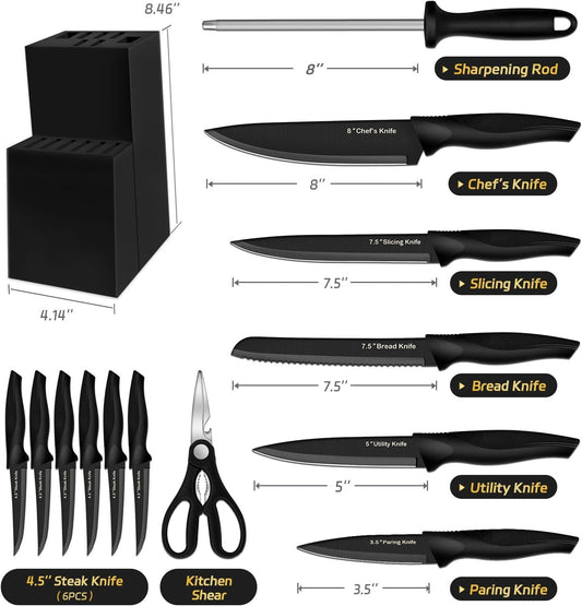 XANAPON 14-Piece Kitchen Knife Set with Block, High Carbon Stainless Steel Sharp Chef Knives with Built-in Sharpener, Ergonomic Handles, Professional Cutlery for Home Cooking & Gifts, Pink