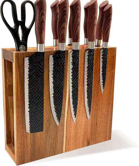 Acacia Wood Magnetic Knife Block,Double Sieded Powerful Magnetic Knife Holder with 14 Slots,Freestanding Wooden Knife Storage Rack,Kitchen Counter Knife Organizer,Empty Knife Block Without Knives