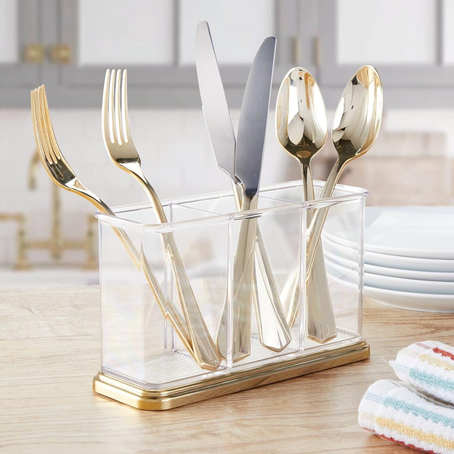 mDesign Plastic Cutlery Utensil Holder Storage Organizer Caddy for Kitchen Countertop Organization - Holds Fork, Knife, Spoon, Silverware - 3 Divided Sections - Hyde Collection - Clear/Brushed