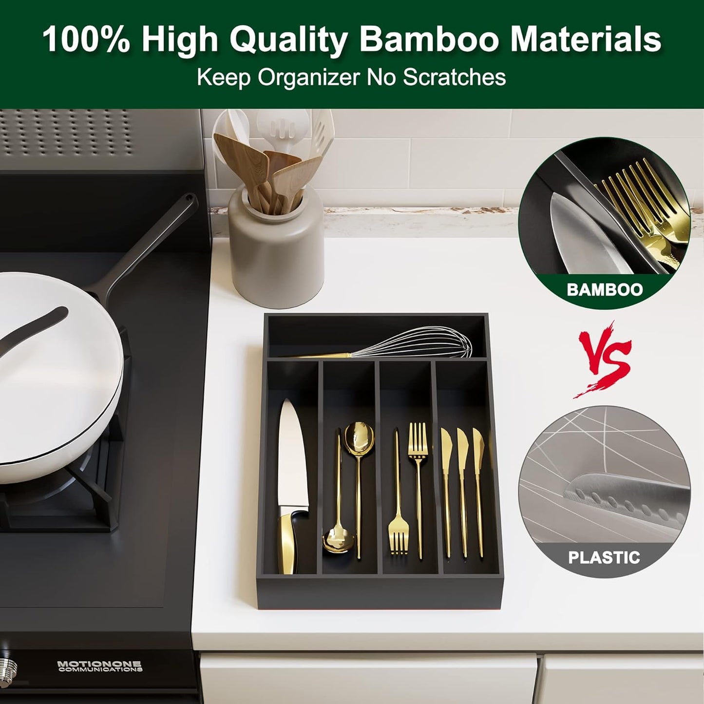 Bellsal Natural Utensil Organizer 12.5 Inch Silverware Organizer for Drawer Utensil Holder Cutlery Organizer Kitchen Drawer Organizer 7 Compartment Small Narrow Bamboo