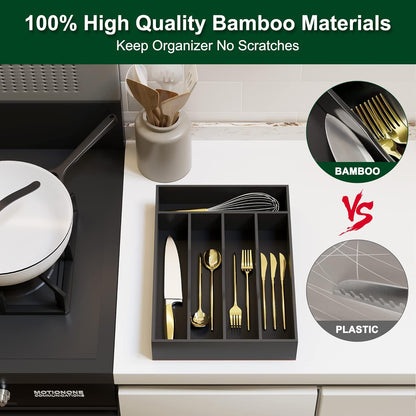 Bellsal Natural Utensil Organizer 12.5 Inch Silverware Organizer for Drawer Utensil Holder Cutlery Organizer Kitchen Drawer Organizer 7 Compartment Small Narrow Bamboo