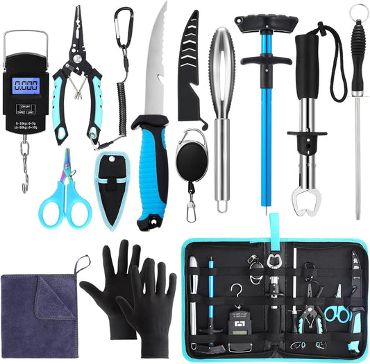 RoundFunny 14 Pcs Fishing Tool Kit, Fillet Knife, Fishing Pliers with Lanyard, Digital Scale, Lip Gripper, Hook Remover Fish Scaler Braid Scissors Gloves Sharpening Rod Retractor Towel Bag