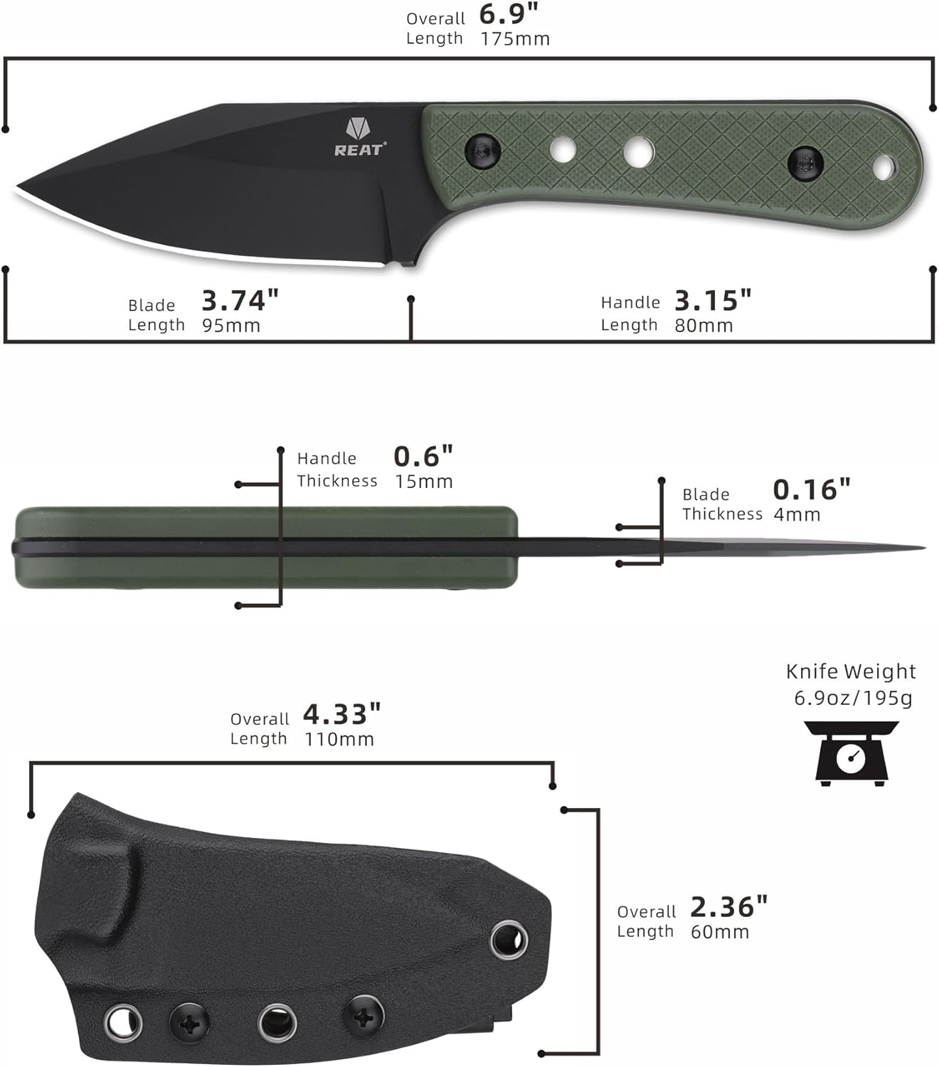 REAT Fixed Blade Knife with Kydex Sheath, 3.75" D2 Steel Blade,Ergonomic G10 Handle, Sharp EDC Knife, Small Tool for Camping Survival Tactical Hiking,Gifts for Men,Women
