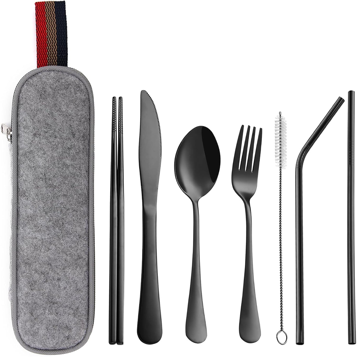DEVICO Camping Utensils, 8-Piece Full-Size Reusable Silverware for Lunch Adult, Stainless Steel Portable Fork Spoon Knife Set for Work, Travel Cutlery Set with Case and Chopsticks Straws (Rainbow)