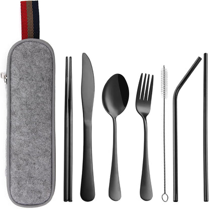 DEVICO Camping Utensils, 8-Piece Full-Size Reusable Silverware for Lunch Adult, Stainless Steel Portable Fork Spoon Knife Set for Work, Travel Cutlery Set with Case and Chopsticks Straws (Rainbow)