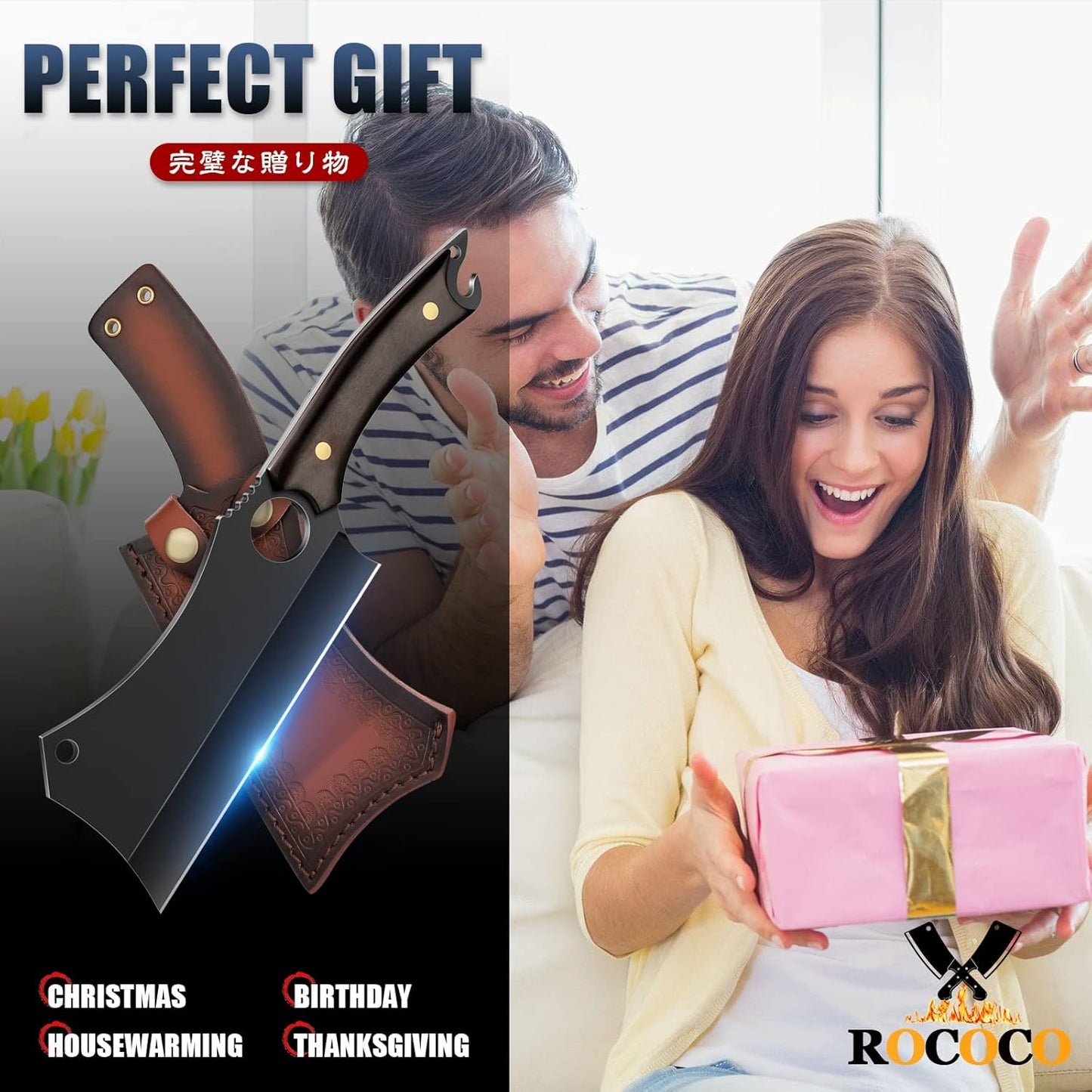 ROCOCO Hand Forged Meat Cleaver Sharp Butcher Knife for Meat Cutting Vegetable Cleaver with Sheath for Home Kitchen Outdoor Camping BBQ Father Mother Gift Idea Men