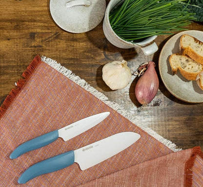 Kyocera Revolution 2-Piece Ceramic Knife Set: Chef Knife For Your Cooking Needs, 5.5" Santoku and 4.5" Utility Knife, White Blades with Blue Handles, White/Blue