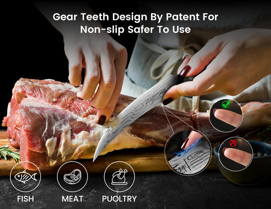SYOKAMI Boning Knife for Meat Cutting, 6.7 Inch Fillet Knife with Wood Handle, High Carbon Razor Sharp Flexible Blade for Deboning, Trimming, Damascus Pattern Full Tang Design, House Warming Gifts